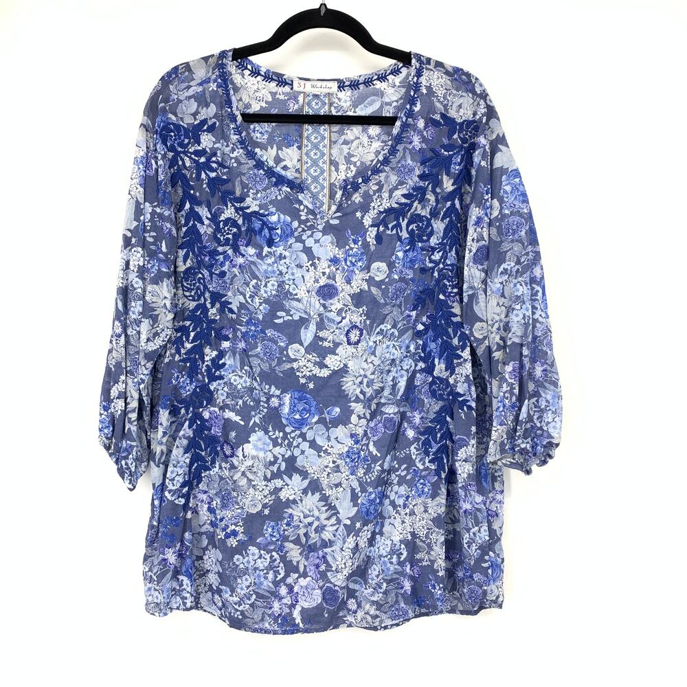 3J Workshop Johnny Was Blouse Women XL Blue Floral Embroidered Cotton Boho